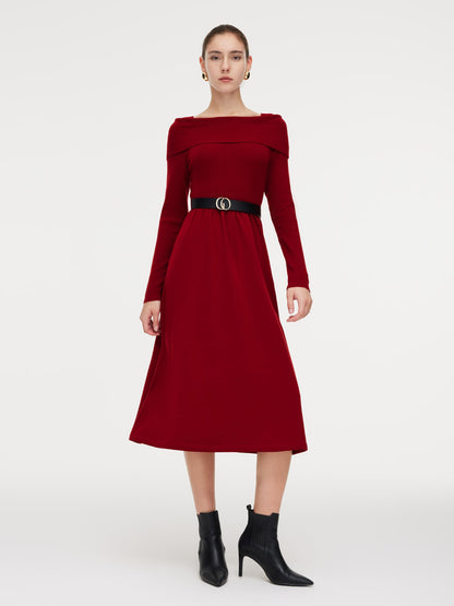 Tencel Wool Blend Boat Neck Women Knit Maxi Dress With Leather Belt