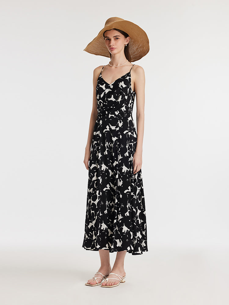 19 Momme Mulberry Silk Iris Print Women Maxi Spaghetti Strap Dress With Scrunchie