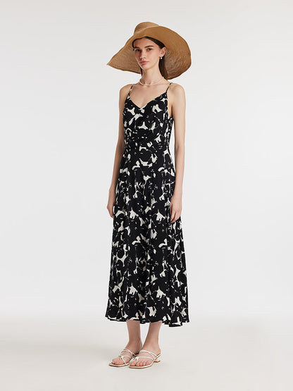 19 Momme Mulberry Silk Iris Print Women Maxi Spaghetti Strap Dress With Scrunchie