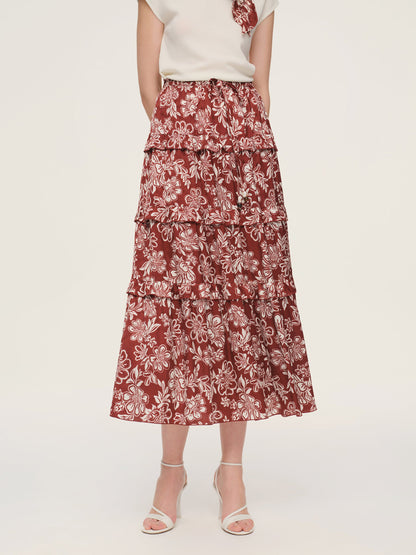 Cap Sleeve Knit Top And Marigold Floral Print Tiered Skirt Two-Piece Set With Silky Scarf