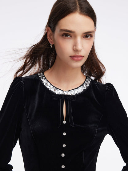Velvet Sequined Round Neck Women Mini Dress