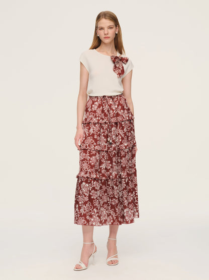 Cap Sleeve Knit Top And Marigold Floral Print Tiered Skirt Two-Piece Set With Silky Scarf