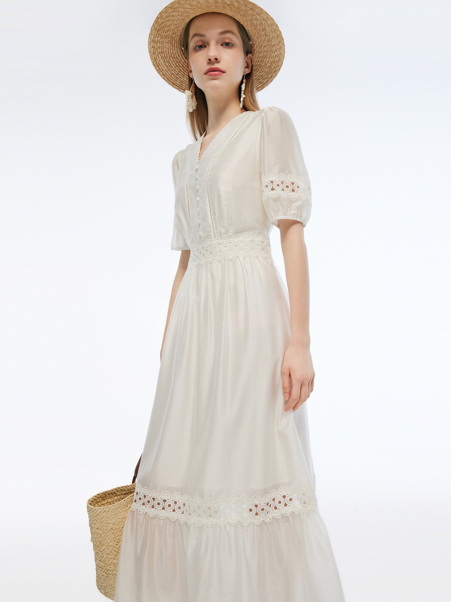 Tencel Blend Patchwork Lace Women Maxi Dress