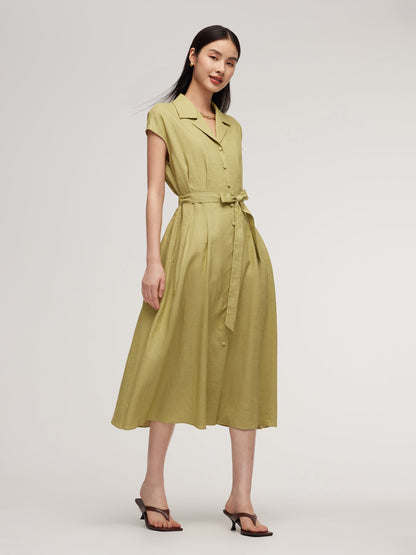 100% Linen Gathered Waist Women Self-Tie Belt Maxi Dress