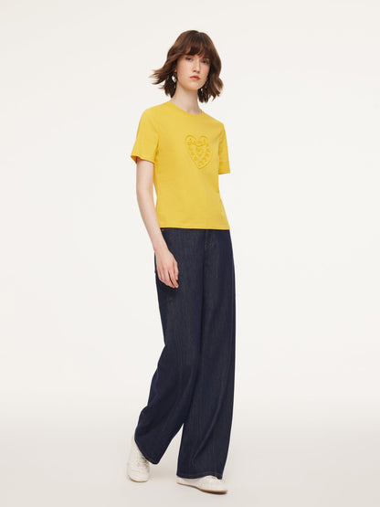 Cotton Blend Round Neck Tape Embroidered Women T-Shirt