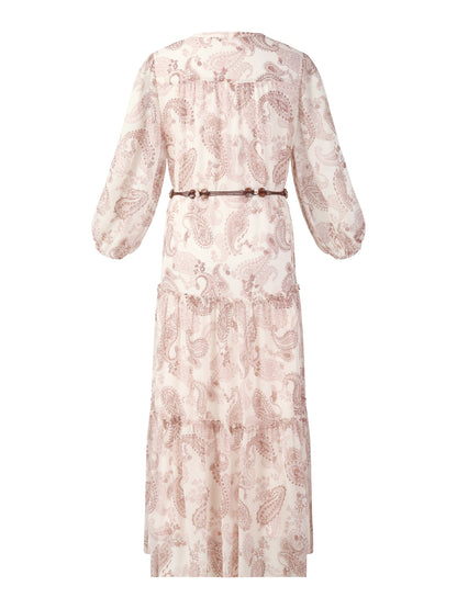 10MM Mulberry Silk Paisley Print Women Maxi Dress With Two Self-Tie Belts