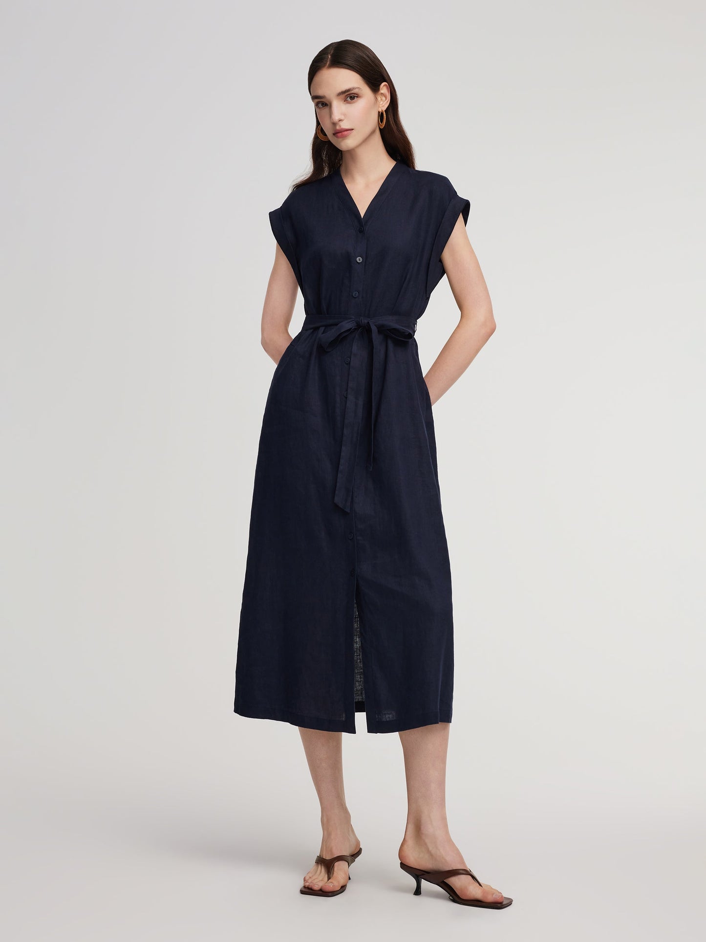 100% Linen V-Neck Women Self-Tie Belt Maxi Dress With Skirt Lining