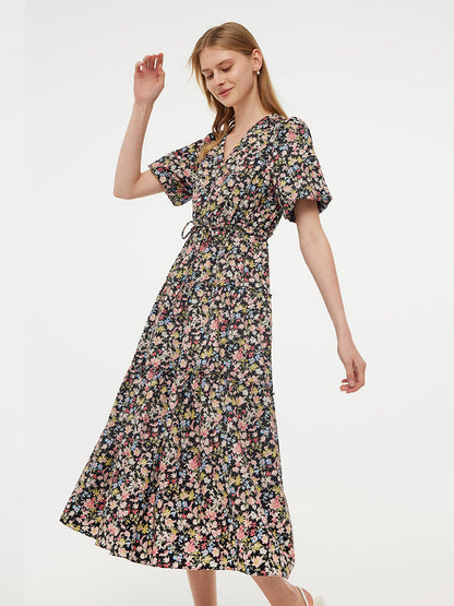 Cotton Puff Sleeve Drawstring Waist Floral Print Women Midi Dress