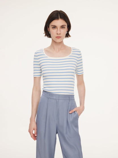 Lyocell Blend Stripe Square Neck Women Knit Top