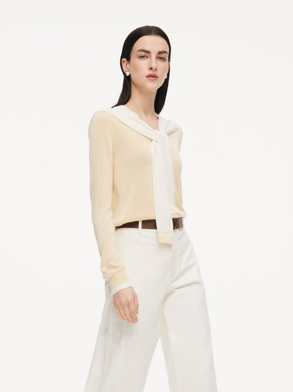 Lyocell Wool Blend V-Neck Women Knit Top With Detachable Sailor Collar