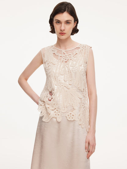 100% Acetate Openwork Crochet Tank Top And Slip Dress Two-Piece Set