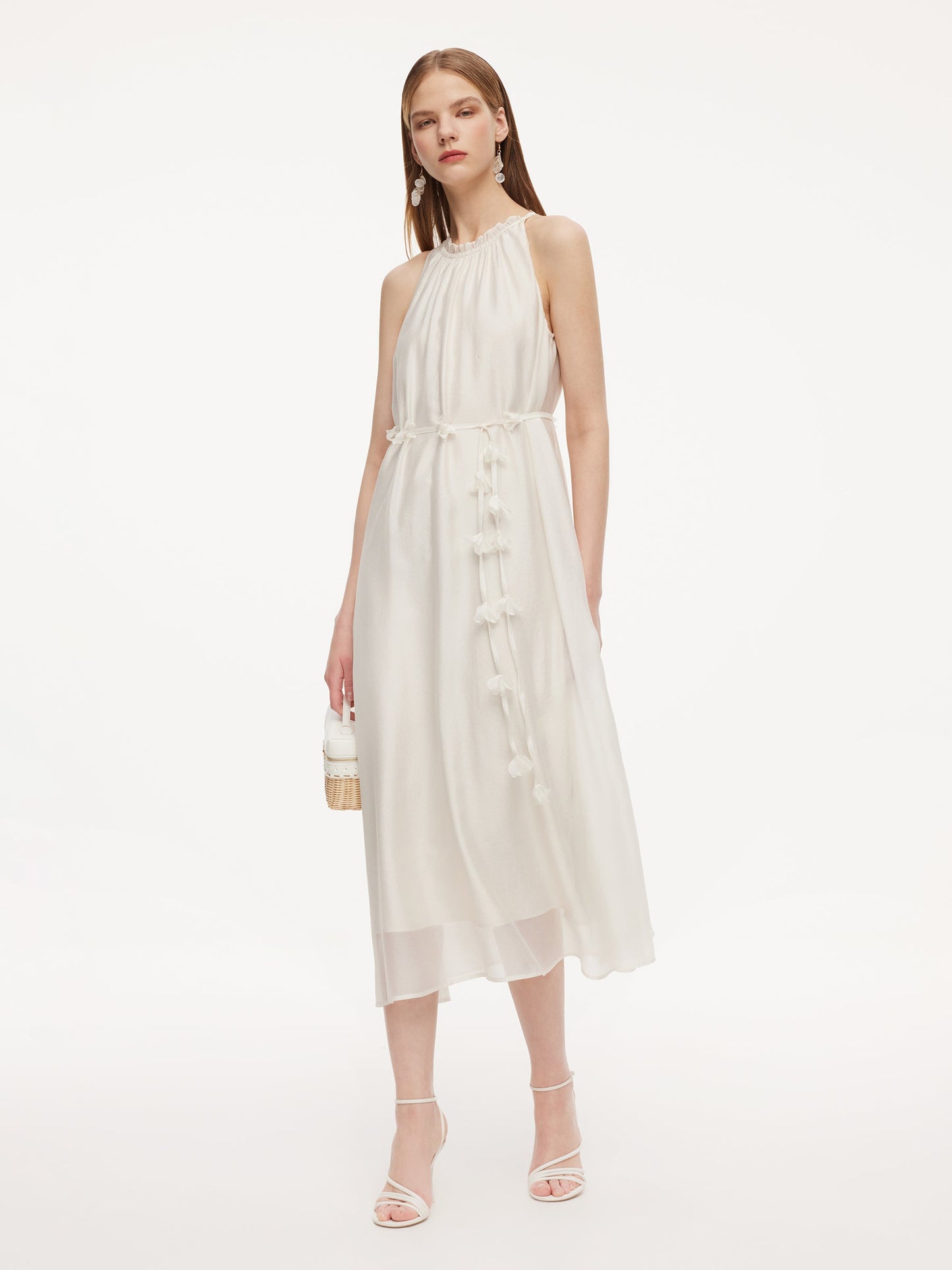 Ruffle Neckline Women Halter Maxi Dress With Floral Ribbon