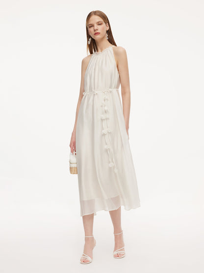 Ruffle Neckline Women Halter Maxi Dress With Floral Ribbon