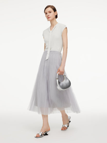 Elastic Waist A-Line Pleated Women Mesh Skirt
