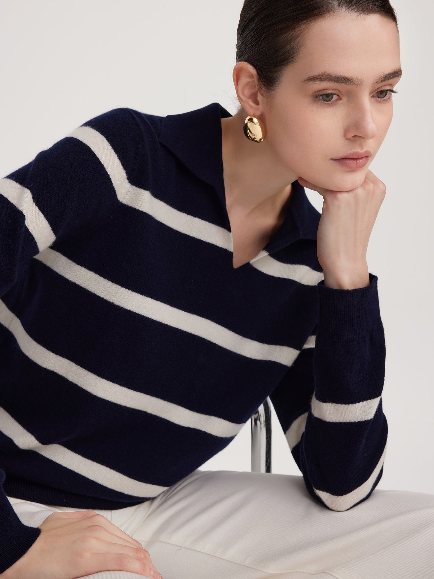 100% Wool Stripe Women Polo Sweater