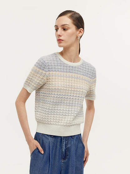 Blue And White Gradient Stripe Women Knit Top