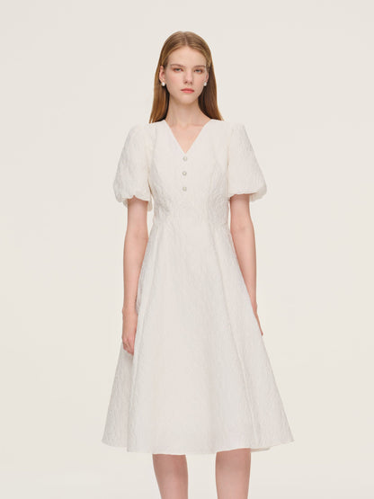 Jacquard Puff Sleeve Women Midi Dress