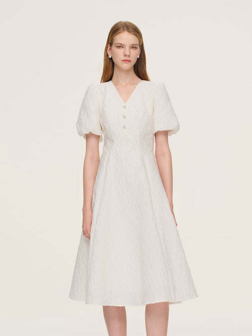 Jacquard Puff Sleeve Women Midi Dress