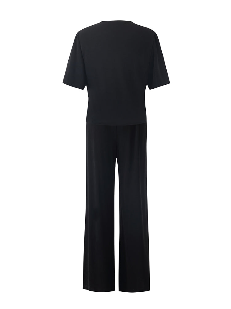 Pre-Order V-Neck Top And Straight Pants Two-Piece Set