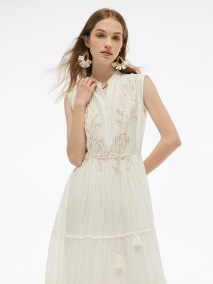 Tencel Blend Embroidered Women Maxi Vest Dress With Tie String Belt