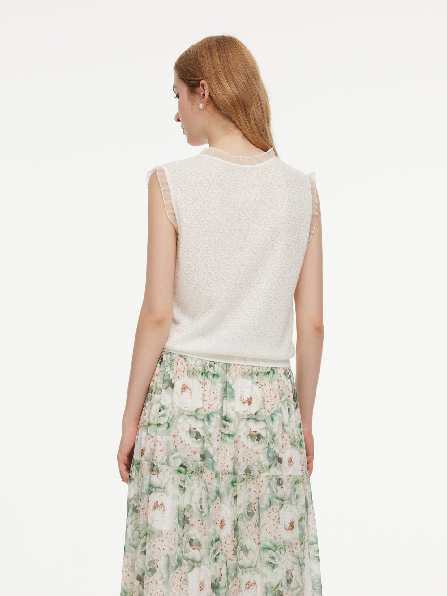 Jacquard Cut Out Neckline Women Ruffle Knit Tank Top