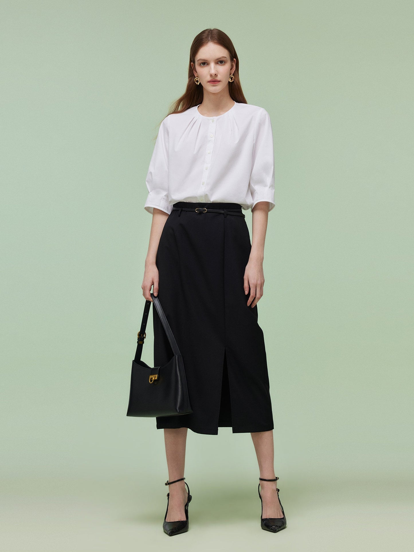 Pre-Order 3/4 Sleeve Shirt And Front Slit Skirt Two-Piece Set With Leather Belt
