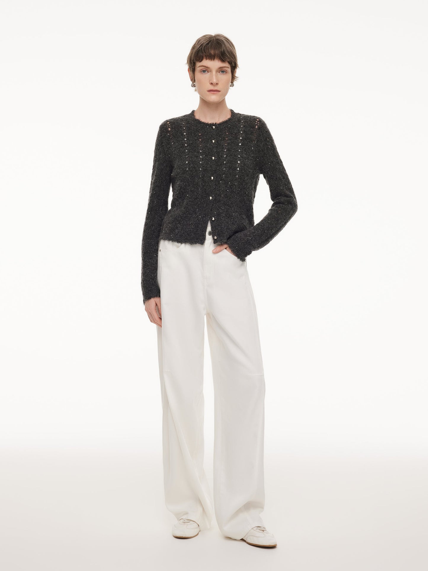 Alpaca Wool Blend Frayed Edges Women Open-Knit Cardigan