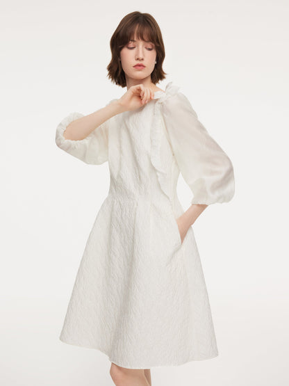 Jacquard Boat Neck Women Midi Dress With Detachable Flower