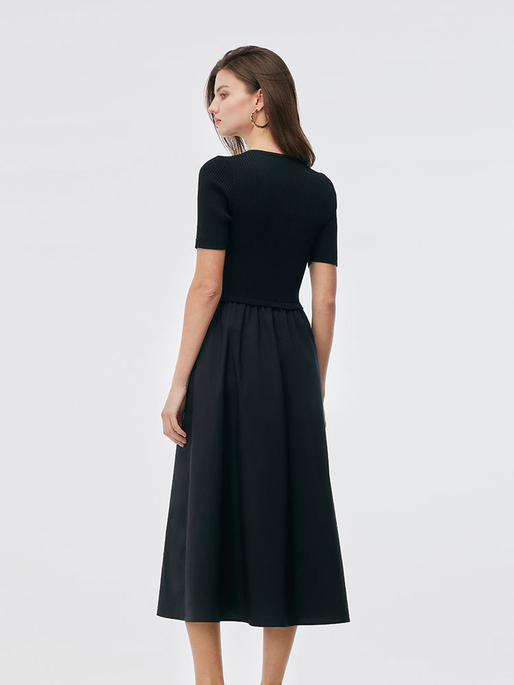 Tencel V-Neck Patchwork Women Midi Dress