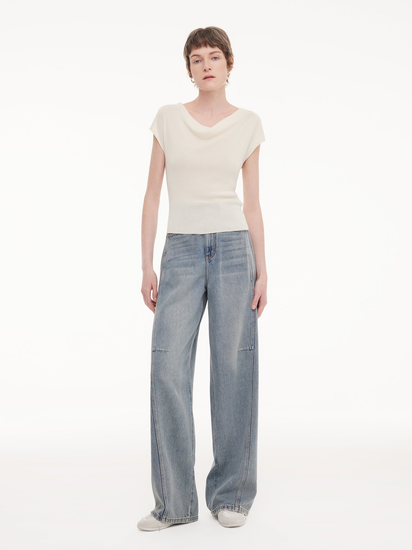 Tencel Mulberry Silk Cowl Neck Women Cap Sleeve Knit Top