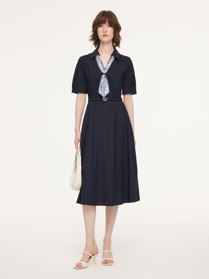 Linen Blend V-Neck Women Midi Dress With Silk Scarf And Belt