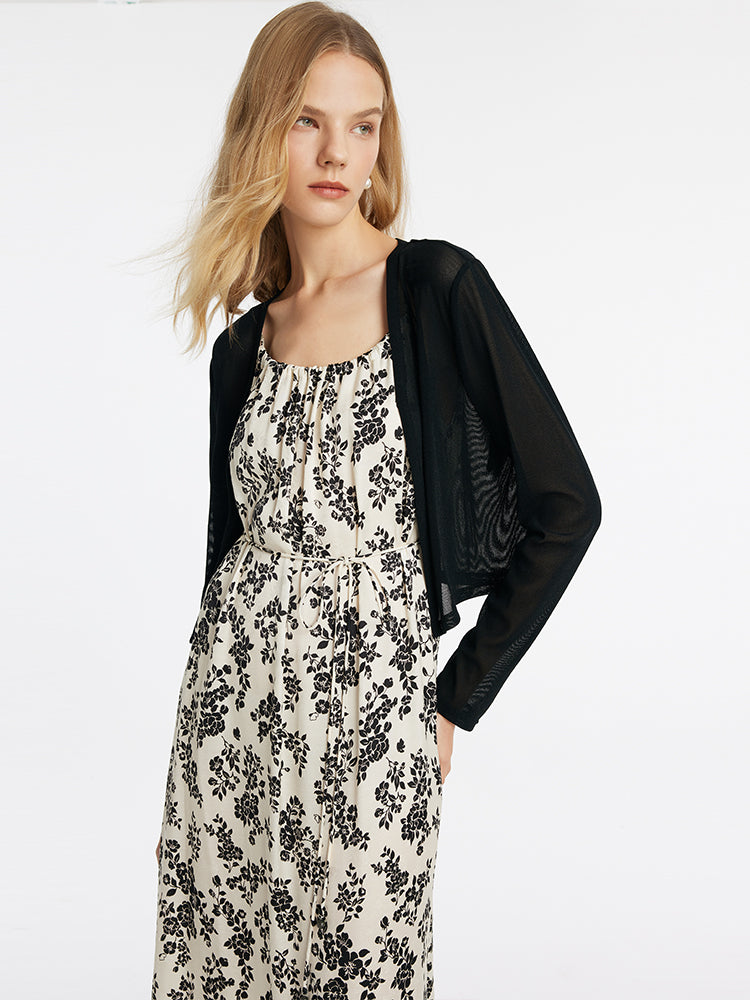 Camellia Print Spaghetti Strap Dress And Knitted Cardigan Two-Piece Set