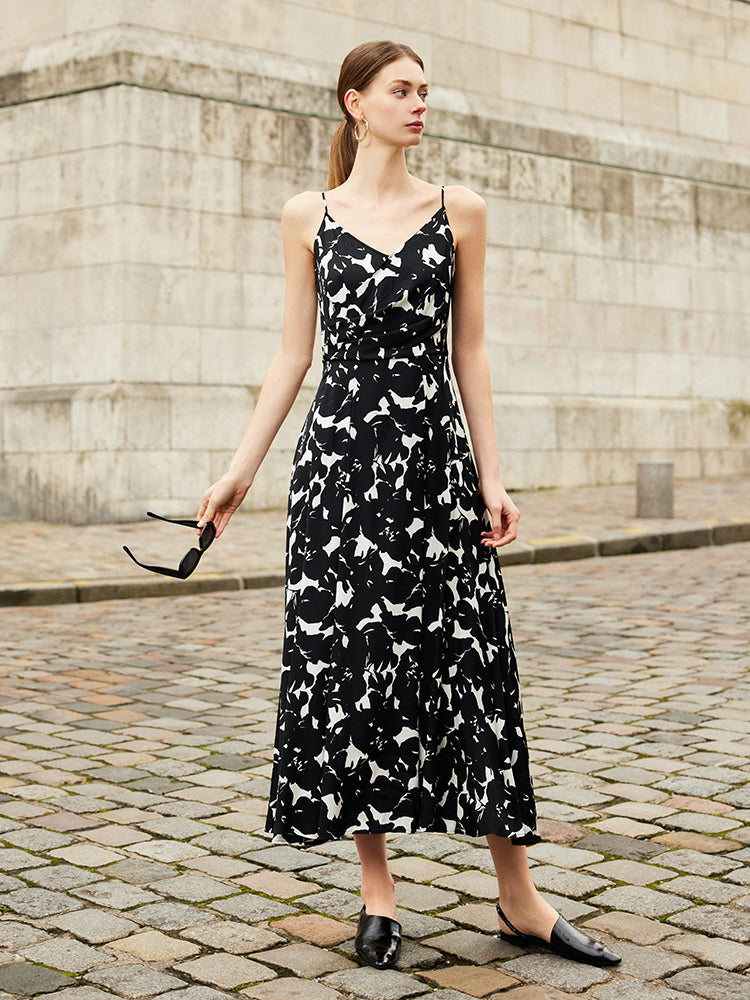 19 Momme Mulberry Silk Iris Print Women Maxi Spaghetti Strap Dress With Scrunchie