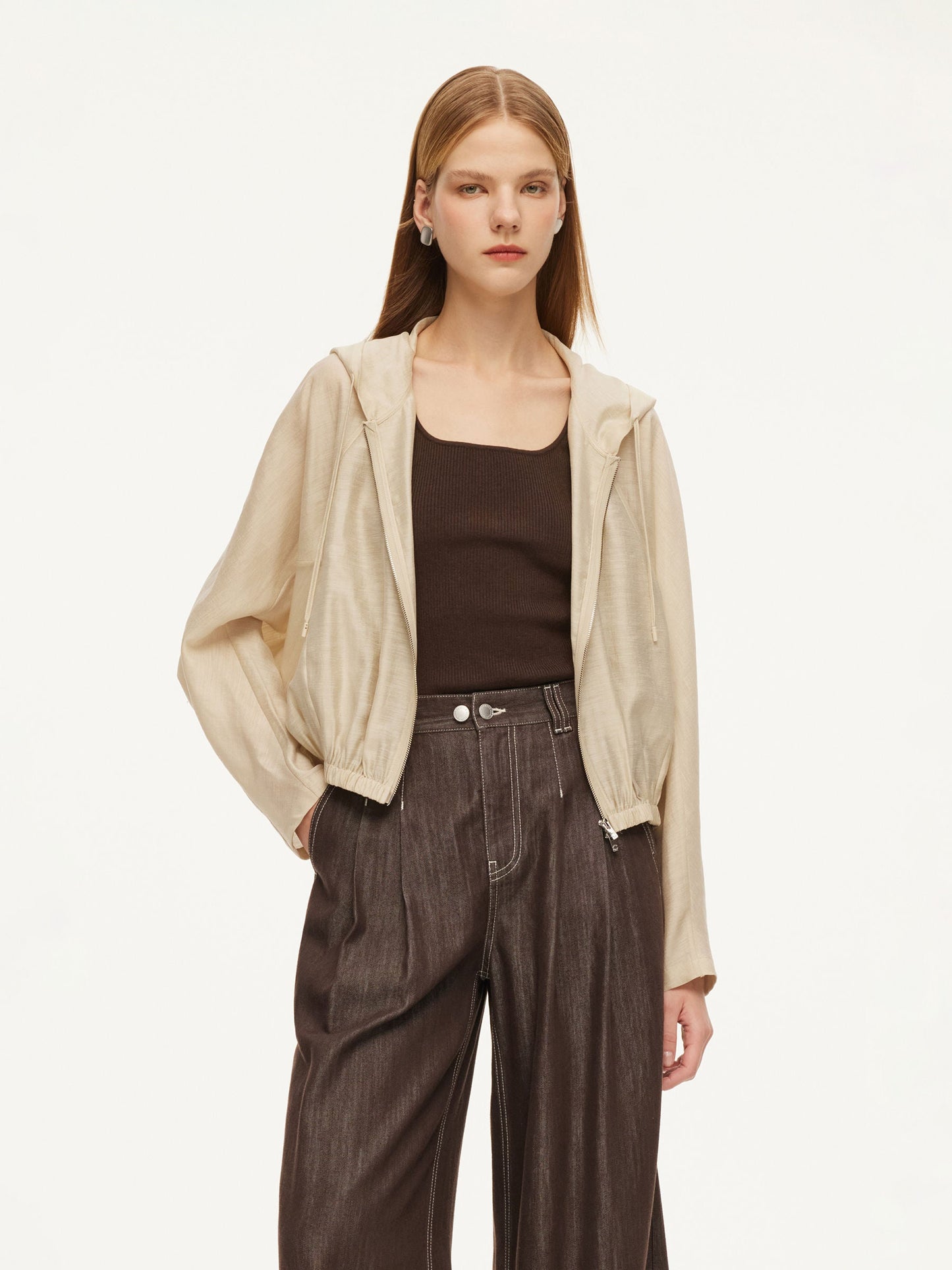 Tencel Acetate Linen Blend Women Zip-Up Hooded Cropped Jacket