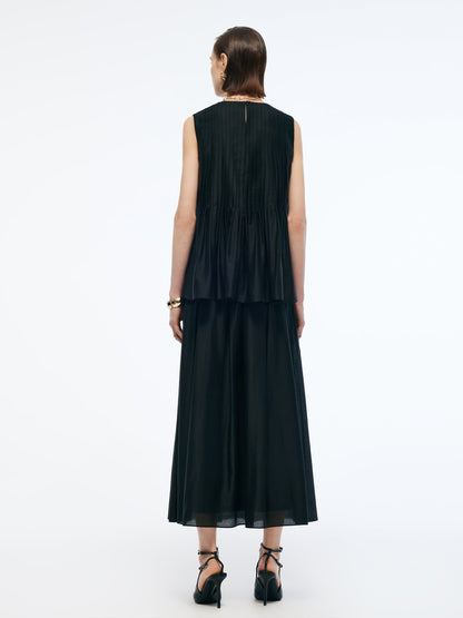 Tencel Blend Ruffle Hem Pleated Tank Top And A-Line Skirt Two-Piece Set