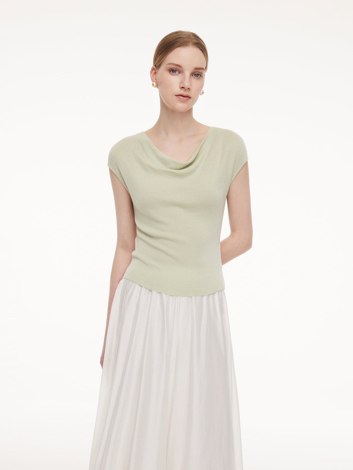 Tencel Mulberry Silk Cowl Neck Women Cap Sleeve Knit Top