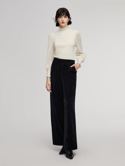 Velvet Ribbed Knit Women Loose Straight Leg Pants