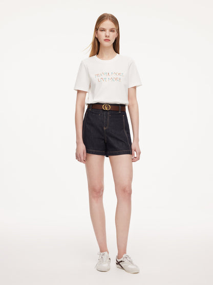 100% Cotton Denim Slimming Seamed Women Shorts With Belt