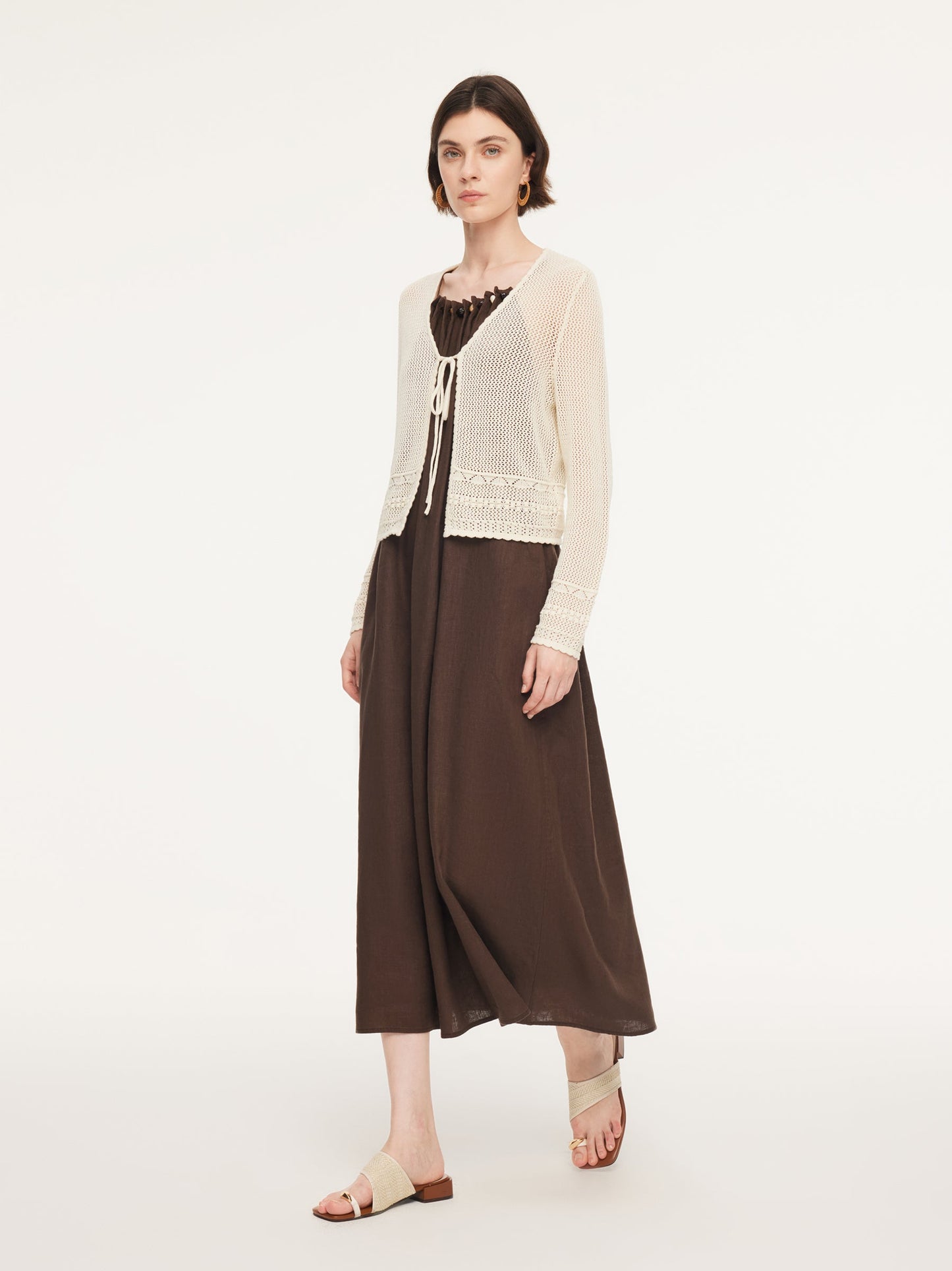 100% Cotton Openwork Tie Front Women Cardigan