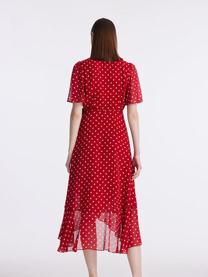 10 Momme Mulberry Silk Polka Dots Print Wrapped Ruffle Women Midi Dress