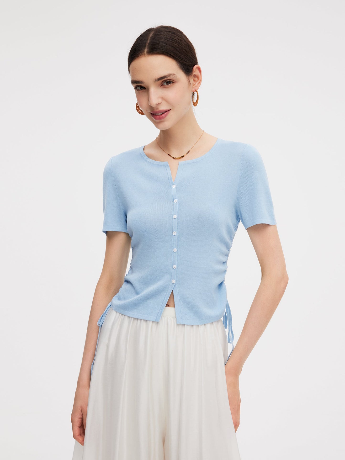 Acetate Tencel Blend Side Drawstring Women Knit Top