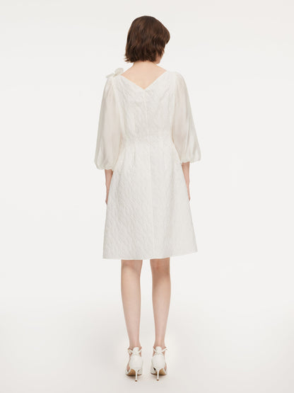 Jacquard Boat Neck Women Midi Dress With Detachable Flower