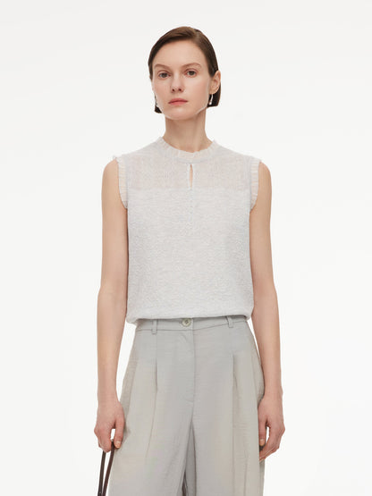 Jacquard Cut Out Neckline Women Ruffle Knit Tank Top