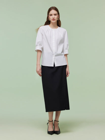 Pre-Order 3/4 Sleeve Shirt And Front Slit Skirt Two-Piece Set With Leather Belt