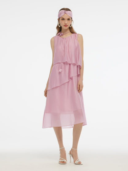 Ruffle Women Tiered Vest Midi Dress With Hairband And Bowknot Choker