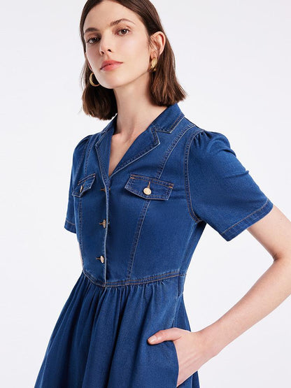 V-neck Gathered Waist Denim Midi Collared Dress