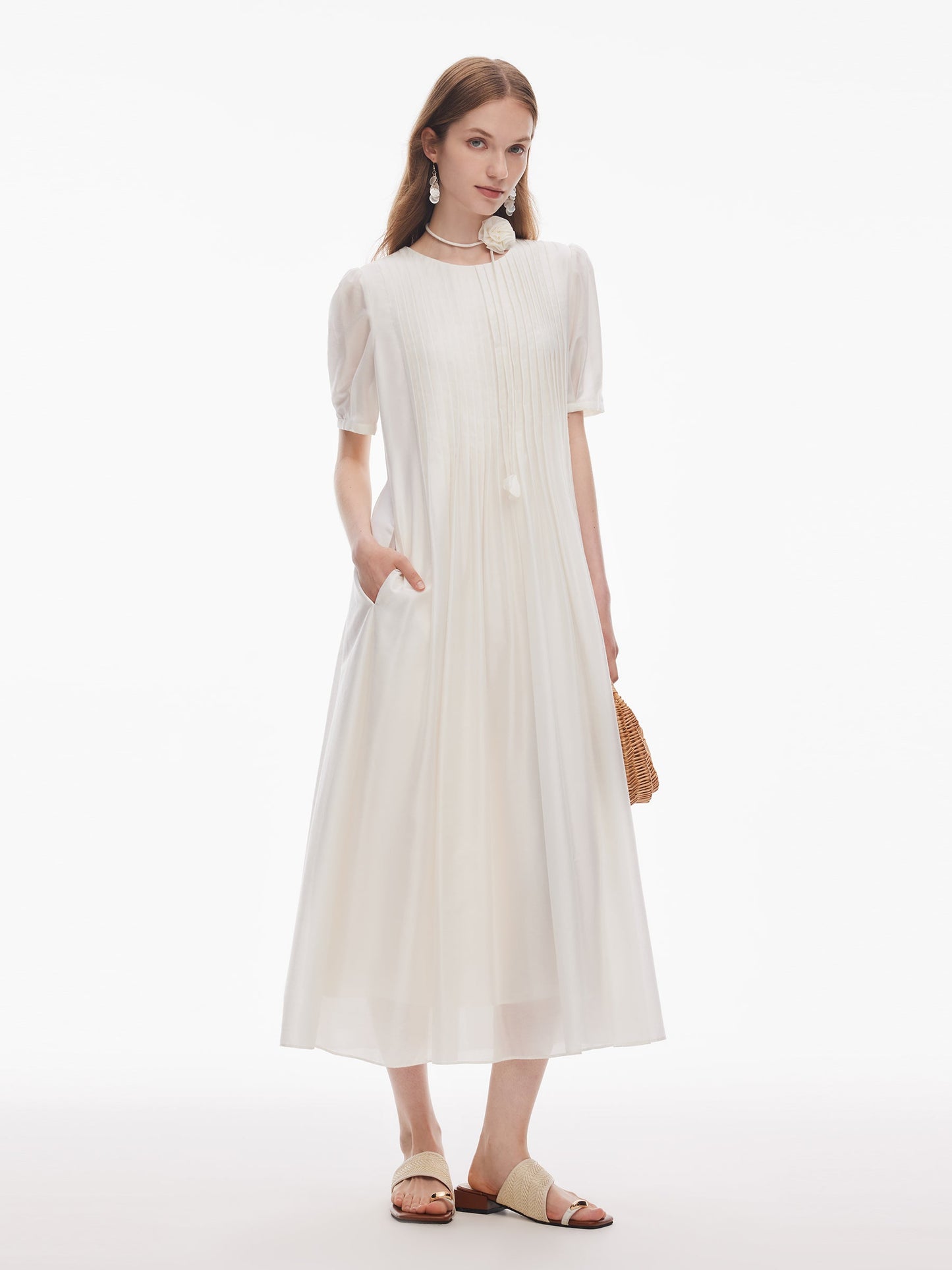 Tencel Blend Pleated Women Loose A-Line Maxi Dress