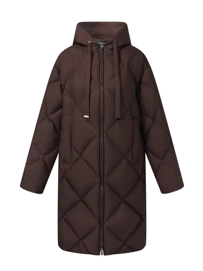Diamond Quilted Hooded Unisex Long Goose Down Coat