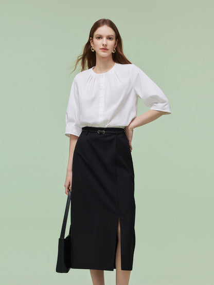 Pre-Order 3/4 Sleeve Shirt And Front Slit Skirt Two-Piece Set With Leather Belt