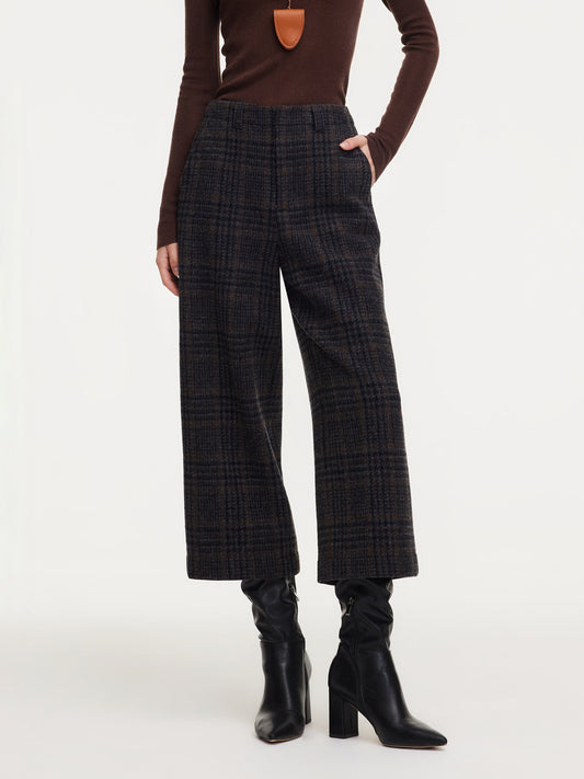 100% Wool Plaid Women Wide Leg Pants